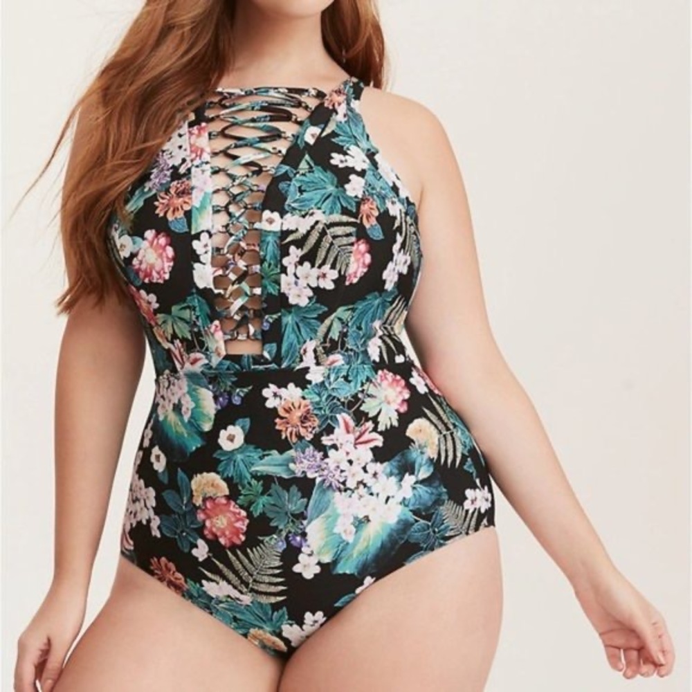 Torrid Black Tropical Floral Deep-V Lattice Wireless One-Piece Swimsuit Size 2